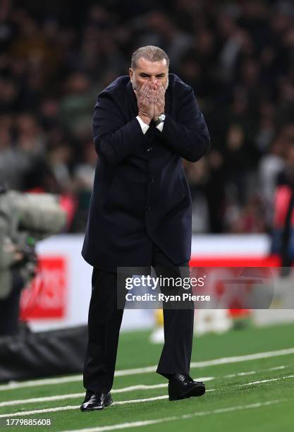 Ange Postecoglou, Manager of Tottenham Hotspur, reacts during the Premier League match between Tottenham Hotspur and Chelsea FC at Tottenham Hotspur...