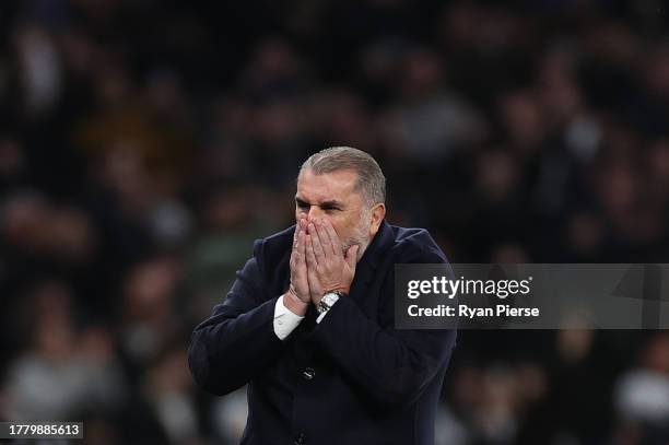 Ange Postecoglou, Manager of Tottenham Hotspur, reacts during the Premier League match between Tottenham Hotspur and Chelsea FC at Tottenham Hotspur...