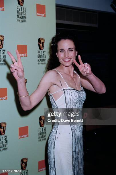 American actress Andie MacDowell attends the 51st British Academy Film Awards at the Business Design Centre, Islington, London, 11th April 1999.