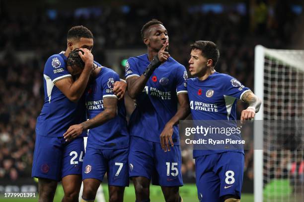 Raheem Sterling of Chelsea celebrates with Nicolas Jackson of Chelsea after scoring a goal that was later ruled out for handball during the Premier...