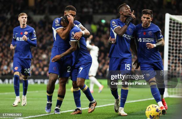 Raheem Sterling of Chelsea celebrates with Nicolas Jackson of Chelsea after scoring a goal that was later ruled out for handball during the Premier...