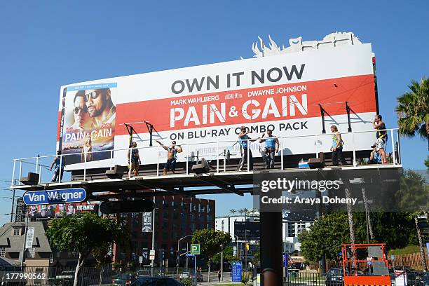 General view of the billboard promoting the Blu-ray and DVD debut of "Pain & Gain" on the Sunset Strip on August 26, 2013 in West Hollywood,...