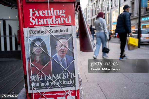 Evening Standard newspaper headline poster reports that Conservative MP and Home Secretary Suella Braverman was sacked from her post, while former PM...