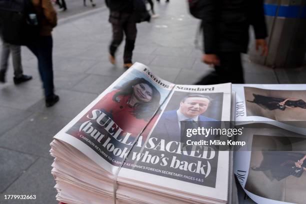 Evening Standard newspaper headline poster reports that Conservative MP and Home Secretary Suella Braverman was sacked from her post, while former PM...