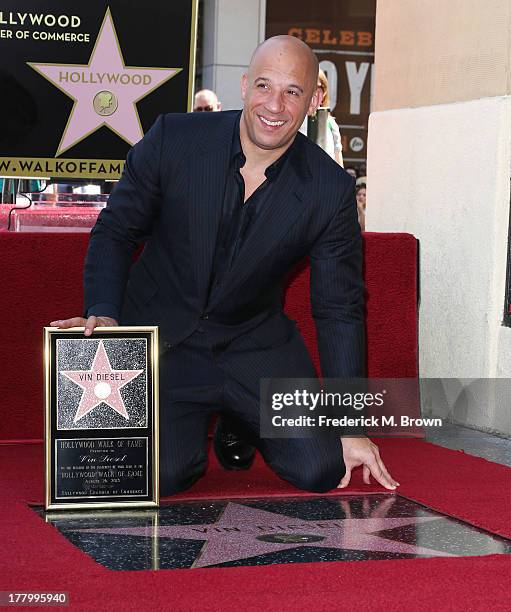 Actor Vin Diesel during the ceremony honoring him on The Hollywood Walk of Fame on August 26, 2013 in Hollywood, California.