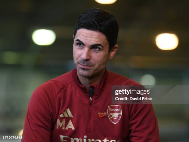 Arsenal Manager Mikel Arteta during the Arsenal Press Conference at London Colney on November 07, 2023 in St Albans, England.