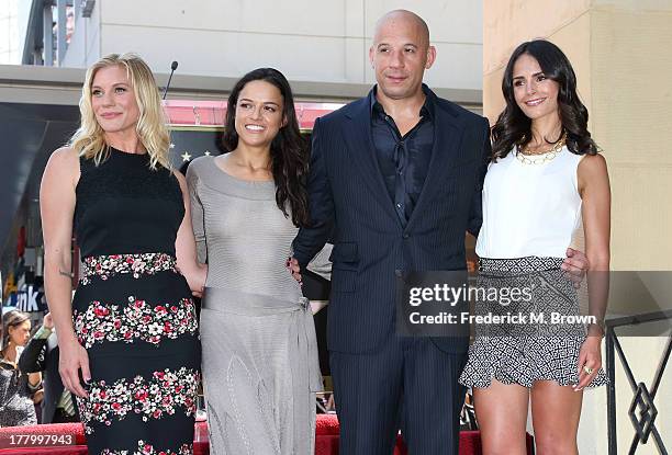 Actors Katee Sackhoff, Michelle Rodriguez, Vin Diesel and Jordanna Brewster during the ceremony honoring actor Vin Diesel on The Hollywood Walk of...