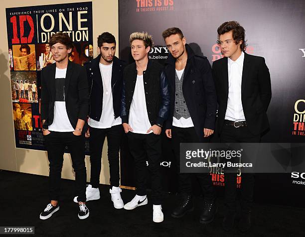 Louis Tomlinson, Zayn Malik, Niall Horan, Liam Payne, and Harry Styles attend the New York premiere of "One Direction: This Is Us" at the Ziegfeld...