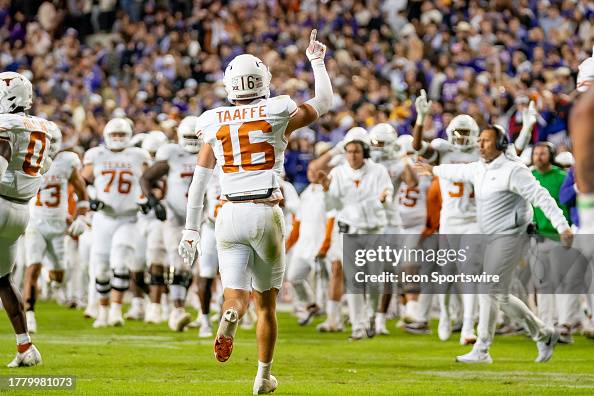 Taaffe Texas Longhorns defensive back Michael Taaffe points up after a big ...