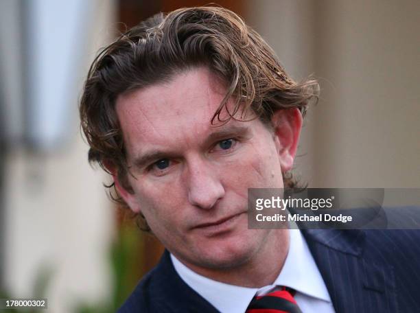 Bombers coach James Hird leaves his home in Toorak for the Essendon Bombers AFL Commission Hearing at AFL House on August 27, 2013 in Melbourne,...