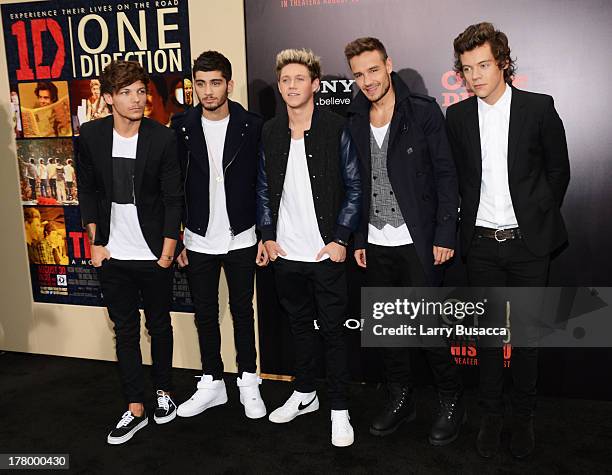 Louis Tomlinson, Zayn Malik, Niall Horan, Liam Payne, and Harry Styles attend the New York premiere of "One Direction: This Is Us" at the Ziegfeld...