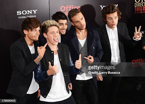 Louis Tomlinson, Niall Horan, Zayn Malik, Liam Payne and Harry Styles attend the New York premiere of "One Direction: This Is Us" at the Ziegfeld...