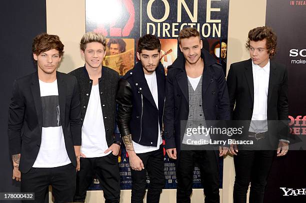 Louis Tomlinson, Niall Horan, Zayn Malik, Liam Payne and Harry Styles attend the New York premiere of "One Direction: This Is Us" at the Ziegfeld...