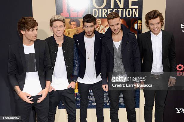 Louis Tomlinson, Niall Horan, Zayn Malik, Liam Payne and Harry Styles attend the New York premiere of "One Direction: This Is Us" at the Ziegfeld...