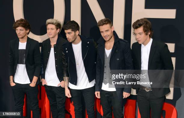 Louis Tomlinson, Niall Horan, Zayn Malik, Liam Payne and Harry Styles attend the world premiere of "One Direction: This Is Us" at the Ziegfeld...