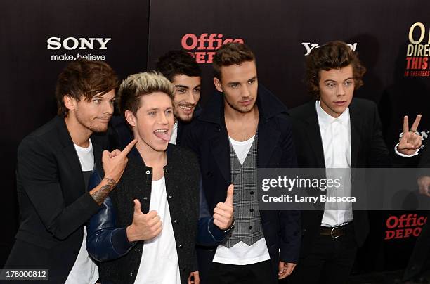 Louis Tomlinson, Niall Horan, Zayn Malik, Liam Payne and Harry Styles attend the world premiere of "One Direction: This Is Us" at the Ziegfeld...