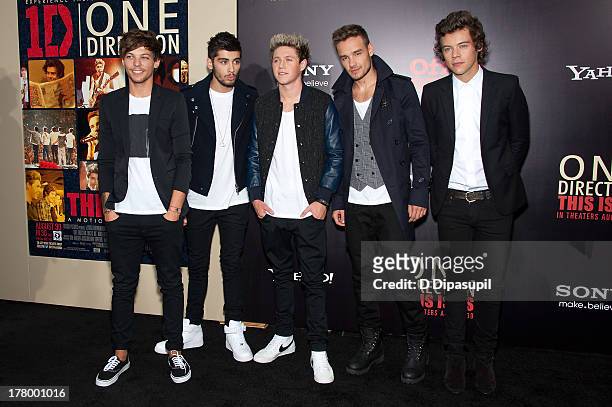 Louis Tomlinson, Zayn Malik, Niall Horan, Liam Payne, and Harry Styles of One Direction attend the New York premiere of "One Direction: This Is Us"...
