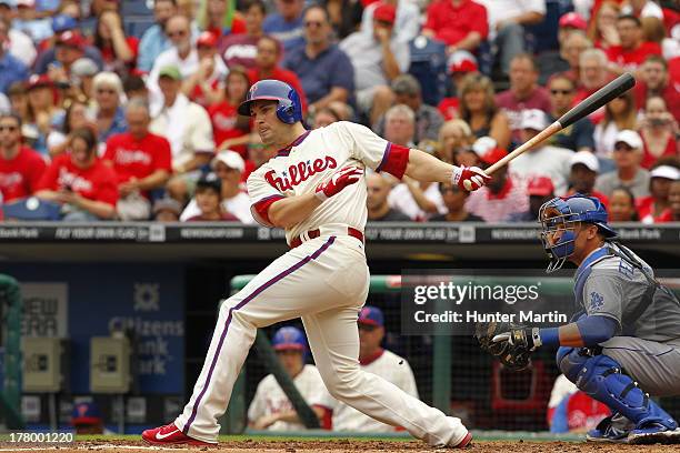 Casper Wells of the Philadelphia Phillies during a game against the Los Angeles Dodgers at Citizens Bank Park on August 18, 2013 in Philadelphia,...