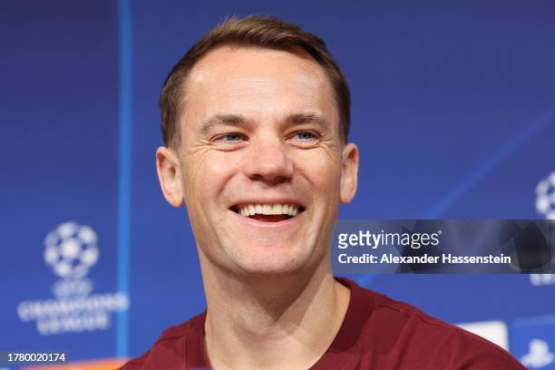 Manuel Neuer of FC Bayern Munich talks to the media during a FC Bayern München press conference at Allianz Arena on November 07, 2023 in Munich,...