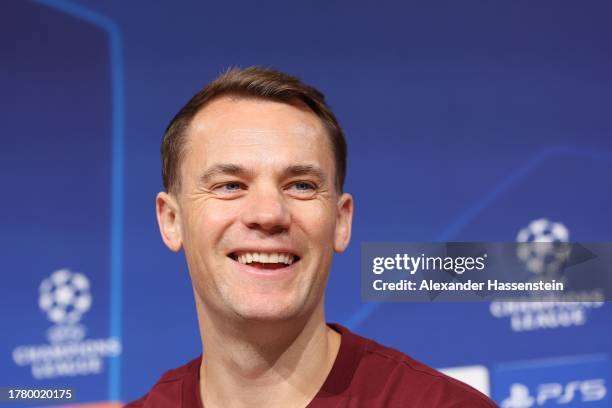 Manuel Neuer of FC Bayern Munich talks to the media during a FC Bayern München press conference at Allianz Arena on November 07, 2023 in Munich,...