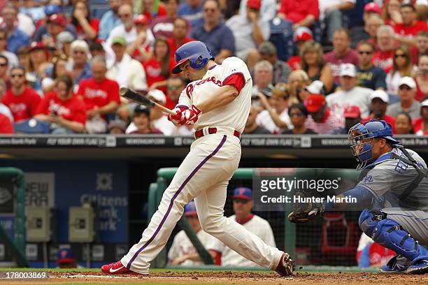 Casper Wells of the Philadelphia Phillies during a game against the Los Angeles Dodgers at Citizens Bank Park on August 18, 2013 in Philadelphia,...