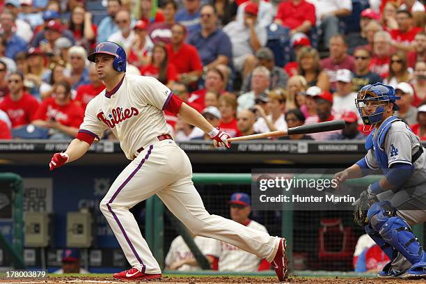 Casper Wells of the Philadelphia Phillies during a game against the Los Angeles Dodgers at Citizens Bank Park on August 18, 2013 in Philadelphia,...