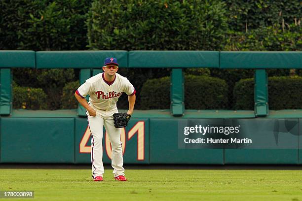 Casper Wells of the Philadelphia Phillies during a game against the Los Angeles Dodgers at Citizens Bank Park on August 18, 2013 in Philadelphia,...