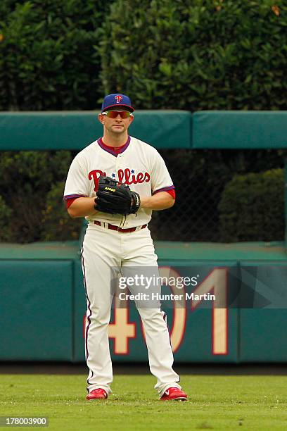 Casper Wells of the Philadelphia Phillies during a game against the Los Angeles Dodgers at Citizens Bank Park on August 18, 2013 in Philadelphia,...