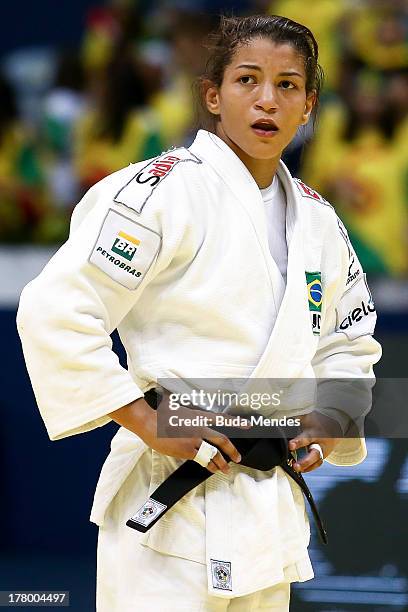 Sarah Menezes of Brazil after lost the semifinal in the -48 kg category during the World Judo Championships at the Maracanazinho gymnasium on August...