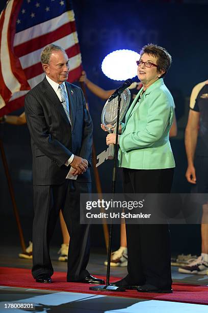 New York City Mayor Michael Bloomberg and Billie Jean King during the opening night cermony at the 2013 US Open at USTA Billie Jean King National...