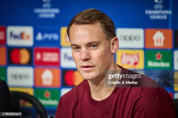 Manuel Neuer of FC Bayern Muenchen during press conference at Allianz Arena on November 07, 2023 in Munich, Germany.