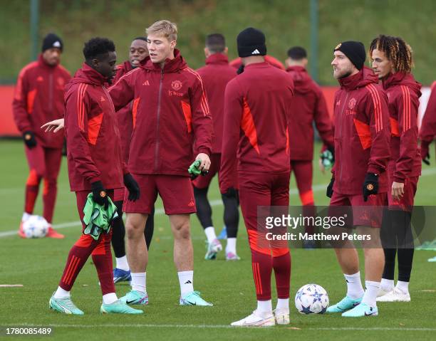 Rasmus Hojlund of Manchester United in action during a first team training session at Carrington Training Ground on November 07, 2023 in Manchester,...