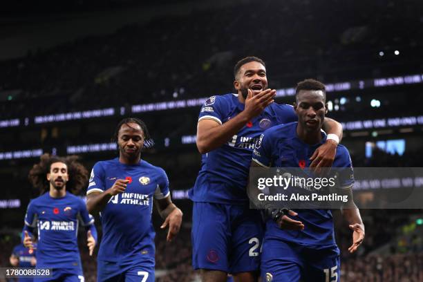 Nicolas Jackson of Chelsea celebrates after scoring the team's second goal and his hat-trick during the Premier League match between Tottenham...