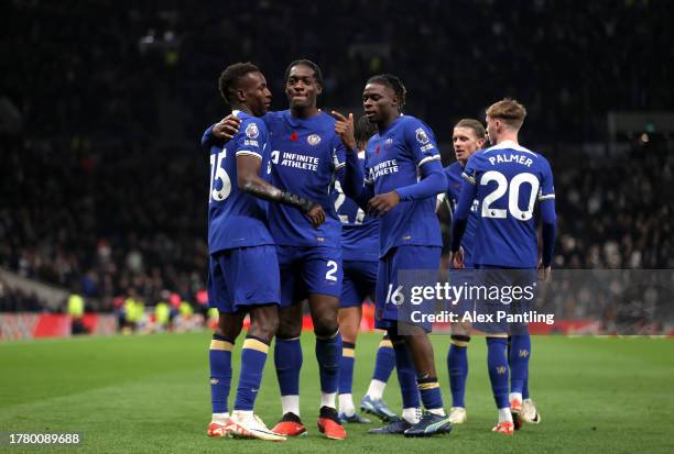 Nicolas Jackson of Chelsea celebrates after scoring the team's fourth goal and his hat-trick during the Premier League match between Tottenham...