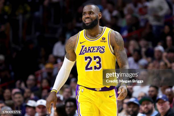 LeBron James of the Los Angeles Lakers looks on against the Miami Heat during the third quarter of the game at Kaseya Center on November 06, 2023 in...