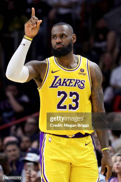 LeBron James of the Los Angeles Lakers looks on against the Miami Heat during the third quarter of the game at Kaseya Center on November 06, 2023 in...