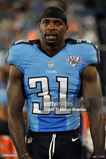Bernard Pollard of the Tennessee Titans walks the sideline during a pre-season game against the Atlanta Falcons at LP Field on August 24, 2013 in...