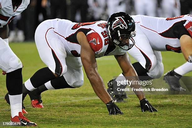 Cliff Matthews of the Atlanta Falcons lines up during a pre-season game against the Tennessee Titans at LP Field on August 24, 2013 in Nashville,...