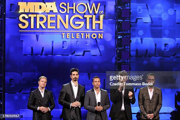 Brian Littrell, Kevin Richardson, Howie Dorough, Nick Carter and A.J. McLean of The Backstreet Boys perform at the Muscular Dystrophy Association's...
