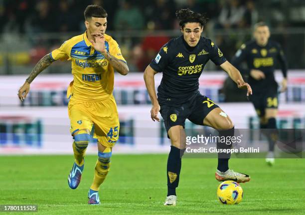 Enzo Barrenechea of Frosinone Calcio and Matteo Cancellieri of Empoli FC in action during the Serie A TIM match between Frosinone Calcio and Empoli...