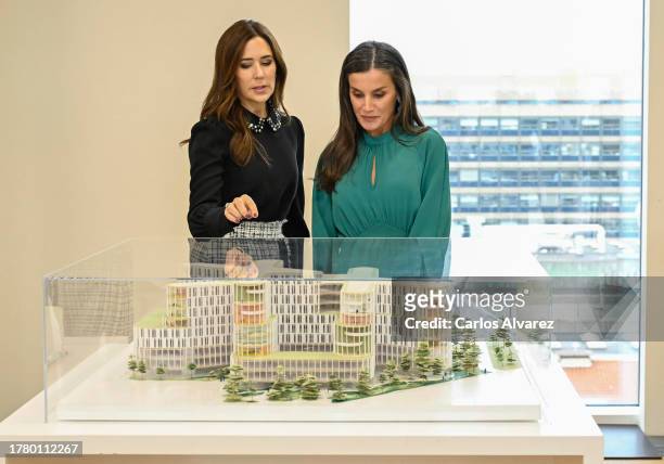 Crown Princess Mary of Denmark and Queen Letizia of Spain during a visit to see the model of the new Mary Elizabeth's Hospital for Children, Teens...