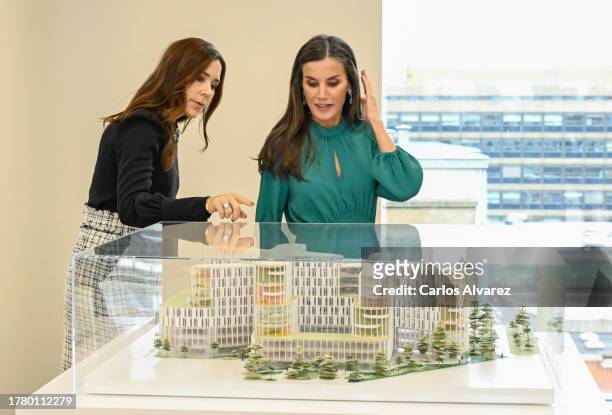 Crown Princess Mary of Denmark and Queen Letizia of Spain during a visit to see the model of the new Mary Elizabeth's Hospital for Children, Teens...