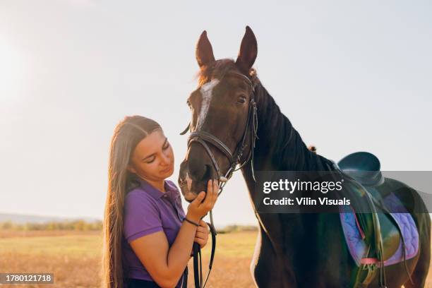 schöne junge frau genießt mit ihrem braunen arabischen pferd in der natur - arabian girl kissing stock-fotos und bilder