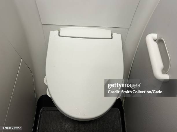 Close-up of an airplane toilet, In flight, July 14, 2023.