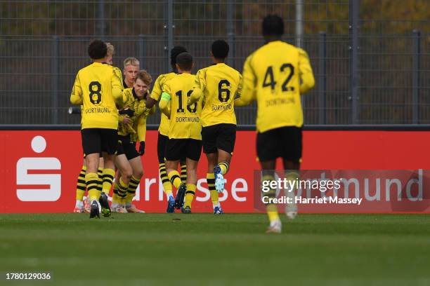 Cole Campbell of Borussia Dortmund celebrates scoring the opening goal during the UEFA Youth League match between Borussia Dortmund and Newcastle...