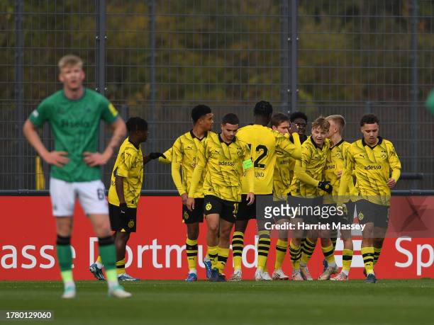 Cole Campbell of Borussia Dortmund celebrates scoring the opening goal during the UEFA Youth League match between Borussia Dortmund and Newcastle...