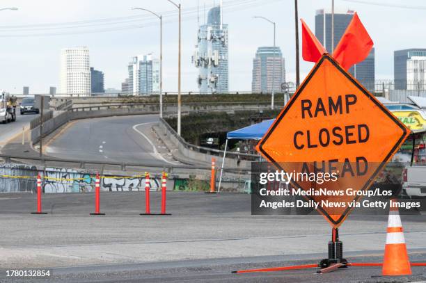 Los Angeles, CA The ramp to interstate 10 at Alameda street remains closed in Los Angeles Monday, November 13, 2023. A large fire broke out under...