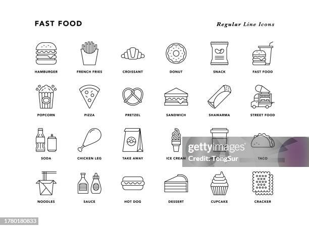 fast food - regular line icons - croissant stock illustrations