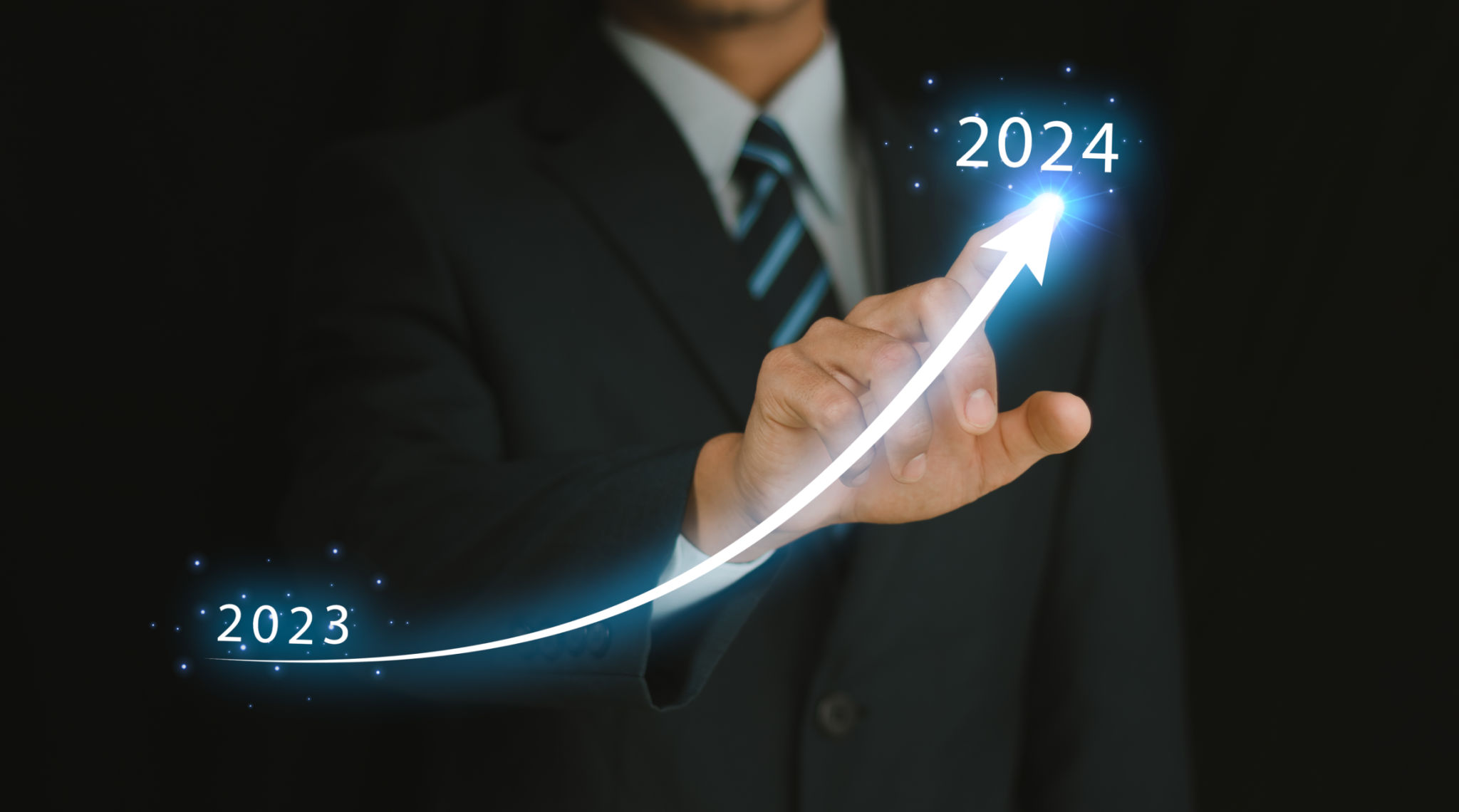 New years 2024 start up investment new business and finance. Businessman hand pointing graph on target 2024. Stock market, Business growth, progress or succe New years 2024 start up investment new business and finance. Businessman hand pointing graph on target 2024. Stock market, Business growth, progress or succe
