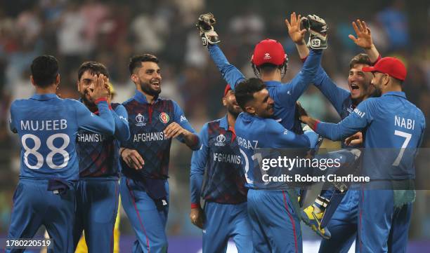 Rashid Khan of Afghanistan celebrates the wicket of Mitchell Starc of Australia during the ICC Men's Cricket World Cup India 2023 between Australia...